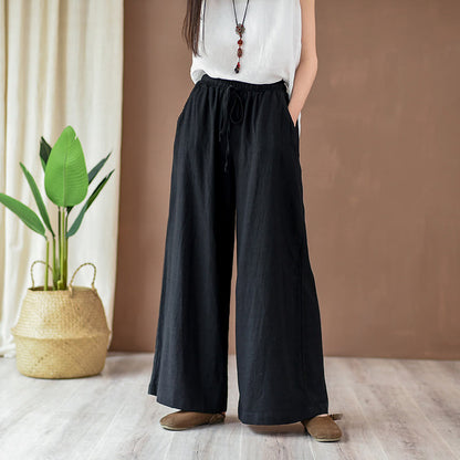 Mythstone Loose Cotton Linen Drawstring Wide Leg Pants With Pockets