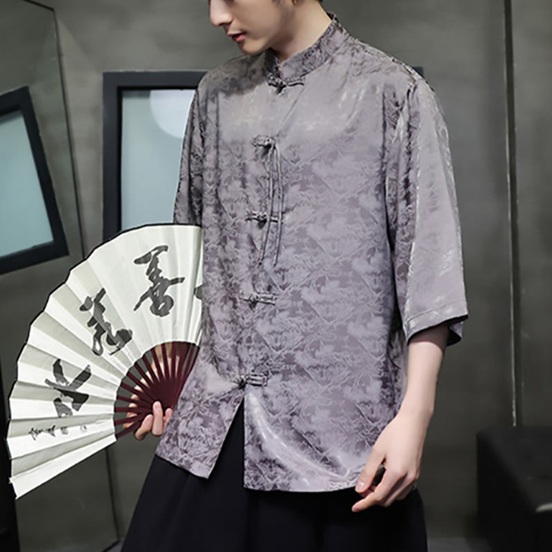 Mythstone Simple Jacquard Frog-button Chinese Three Quarter Sleeve Shirt Men T-shirt