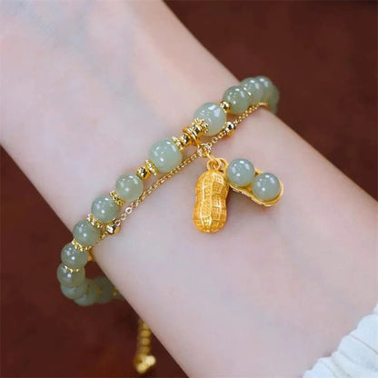 MythStone Jade Leaf Ginkgo Tulip Peanut Fu Character Luck Beaded Bracelet