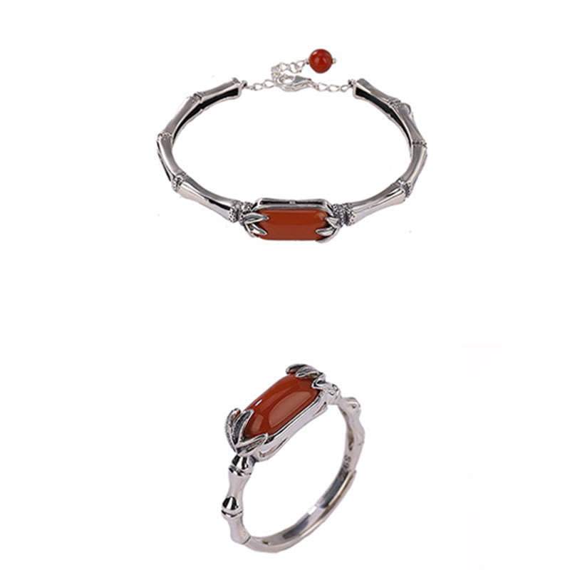 Conjunto de joyería con anillo y pulsera de plata de ley 925 con diseño de bambú y ágata roja de Mythstone 