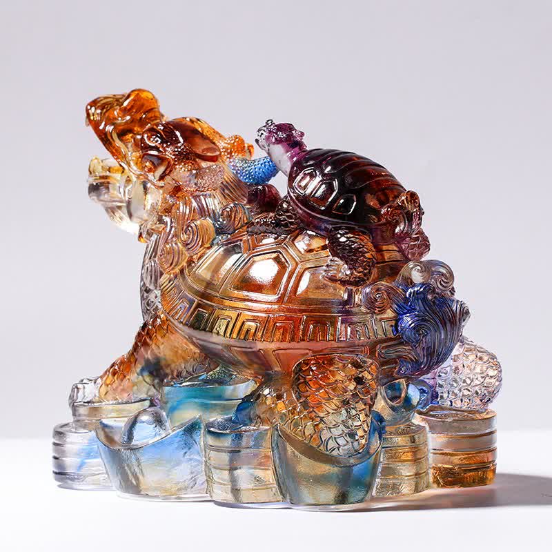 Mythstone Feng Shui Dragon Turtles Handmade Liuli Crystal Art Piece Protection Home Office Decoration