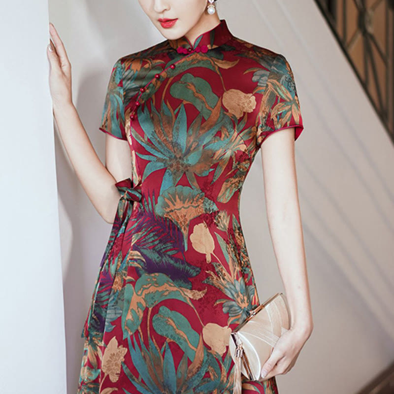 Mythstone Silk Qipao Dress Retro Flower Leaf Pattern Women's Cheongsam Dress