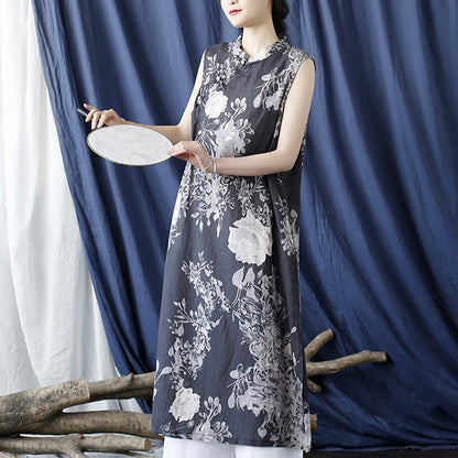 Mythstone Ancient Ramie Linen Flowers Printing Cheongsam Dresses Sleeveless Dress