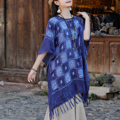 Mythstone Blue Color Block Plaid Shawl Tassels Soft Pullover 90*95cm