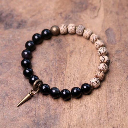 Mythstone Tibetan Bodhi Seed Black Obsidian Ebony Wood Copper Peace Bracelet