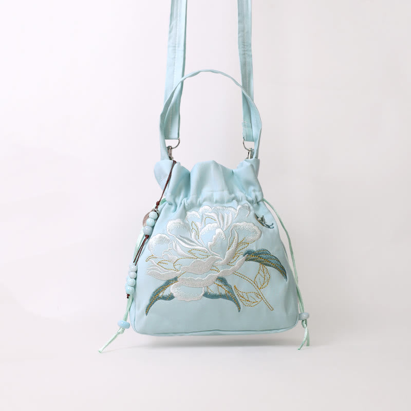 Mythstone Embroidered Flowers Wisteria Lily Cotton Linen Tote Crossbody Bag Shoulder Bag Handbag