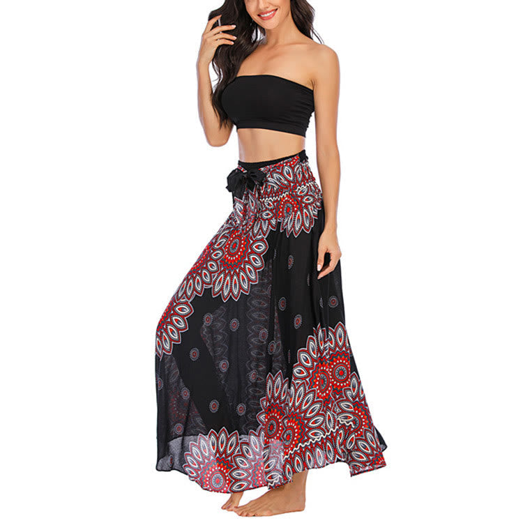 Mythstone Two Style Wear Boho Sunflower Print Lace-up Skirt Dress