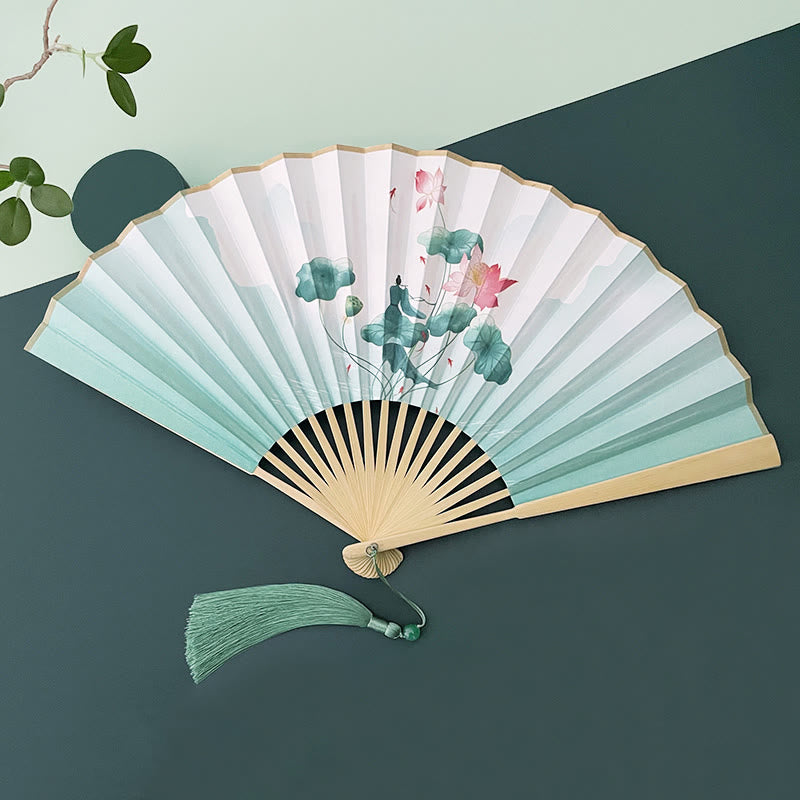 Mythstone Retro Lotus Flower Leaf Mountain Lake Handheld Folding Fan With Bamboo Frames