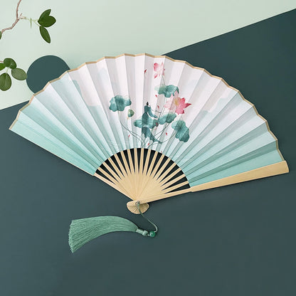 Mythstone Retro Lotus Flower Leaf Mountain Lake Handheld Folding Fan With Bamboo Frames