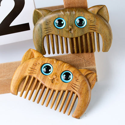 Mythstone Simple Cat Pattern Green Sandalwood Cure Portable Comb