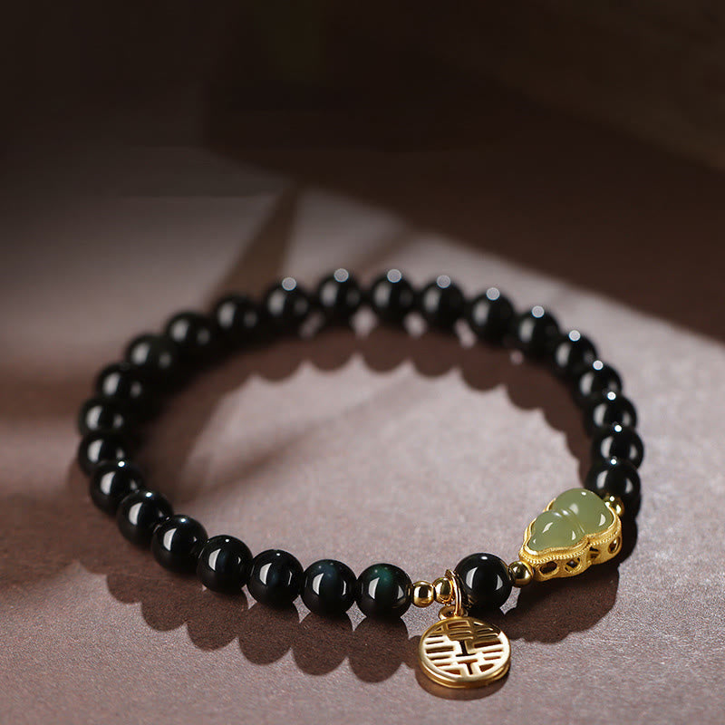 MythStone Natural Black Obsidian Hetian Jade Gourd Double Happiness Strength Bracelet