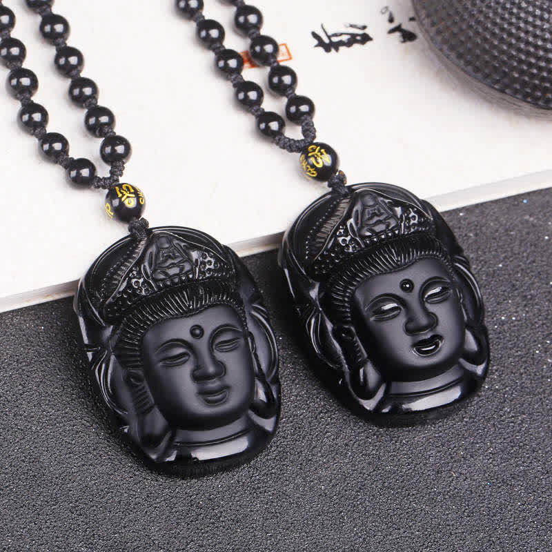 Collar con colgante de hilo de fuerza Avalokitesvara Kwan Yin de obsidiana negra natural Mythstone