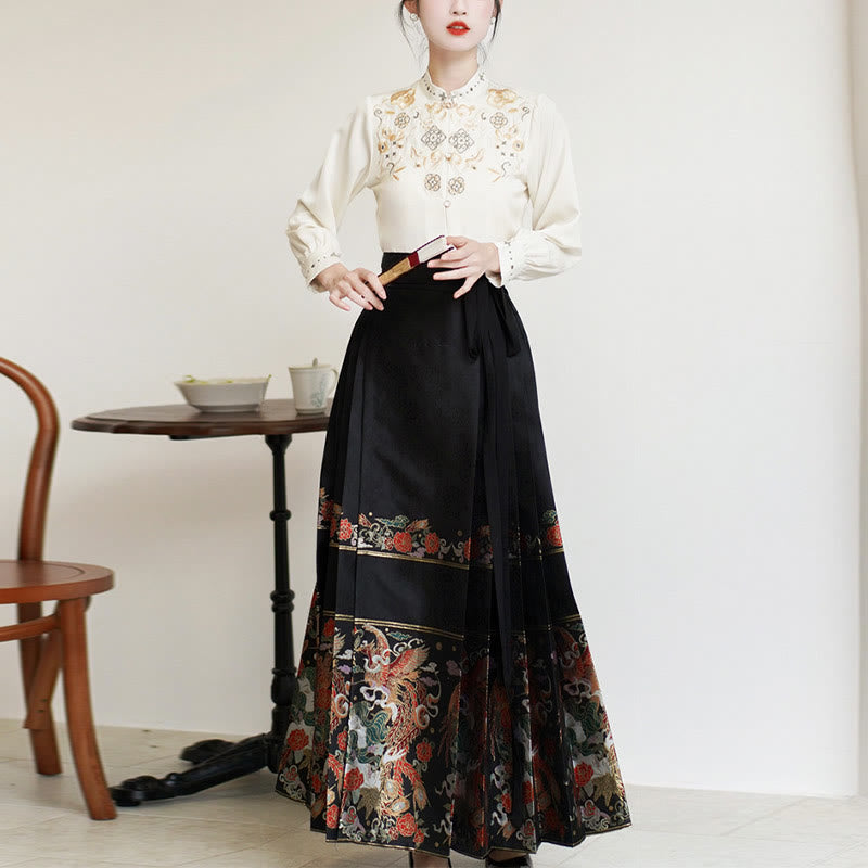 Mythstone Long Sleeve Shirt Embroidery Top Chinese Hanfu Phoenix Horse Face Skirt Mamianqun