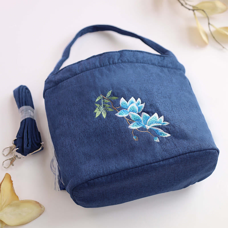 Mythstone Embroidery Wisteria Plum Lotus Cherry Blossom Cotton Linen Canvas Tote Crossbody Bag Shoulder Bag Handbag