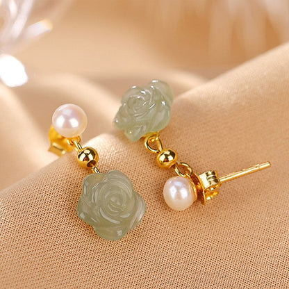 Mythstone 925 Sterling Silver Plated Gold Jade Rose Flower Cyan Jade Pearl Luck Earrings