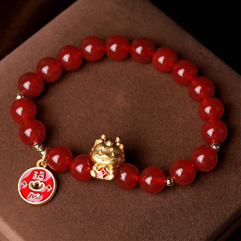 Pulsera para atraer la fortuna con moneda de cobre y ágata roja natural del año del dragón de Mythstone