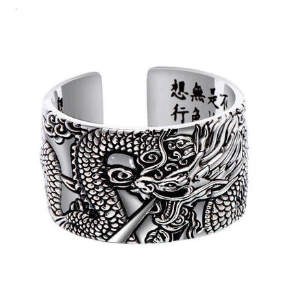 Mythstone 999 Sterling Silver Dragon Carved Pattern Protection Success Ring