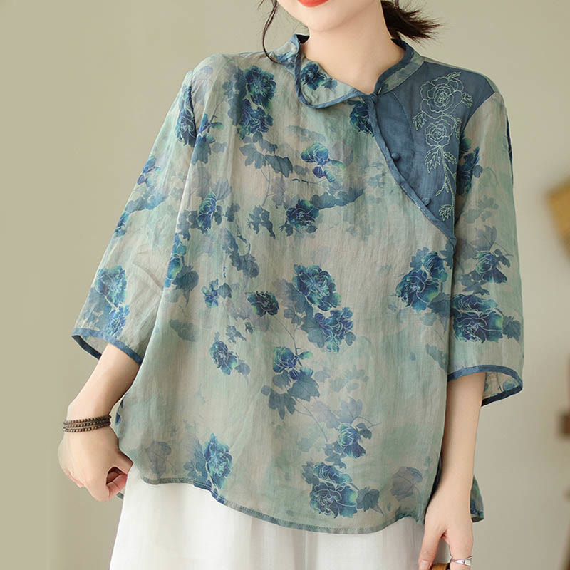 Mythstone Blue Jacaranda Flower Design Three Quarter Sleeve Ramie Linen Shirt