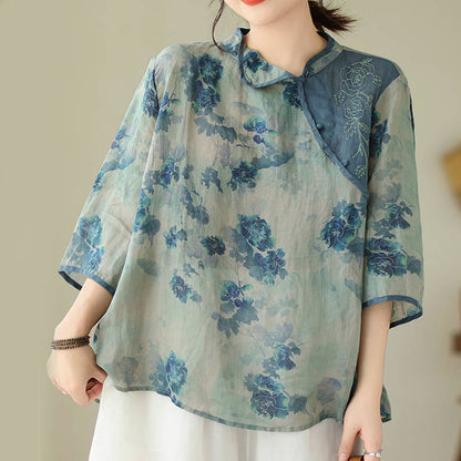 Mythstone Blue Jacaranda Flower Design Three Quarter Sleeve Ramie Linen Shirt