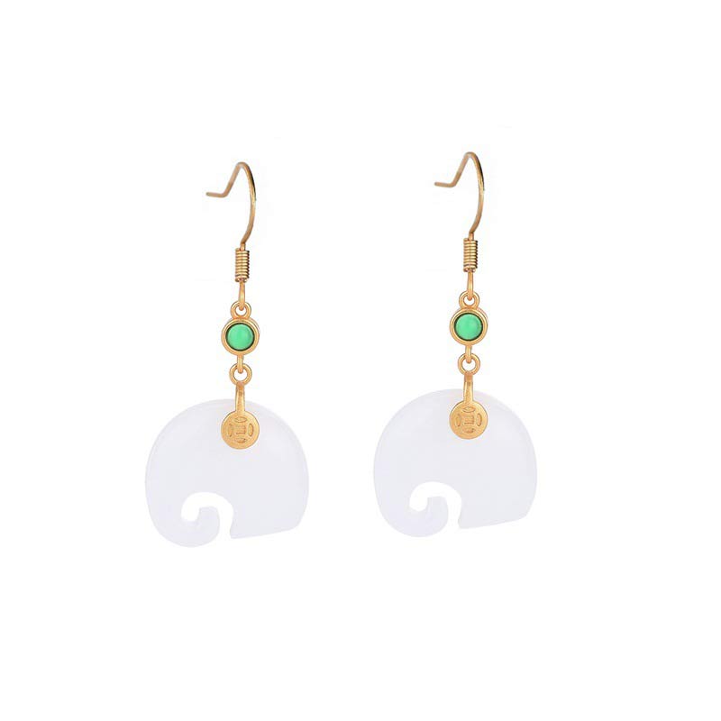 Mythstone FengShui Elephant White Jade Fortune Earrings