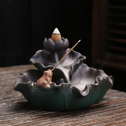 Mythstone Lotus Flower Leaf Frog Butterfly Pattern Healing Ceramic Incense Burner Decoration