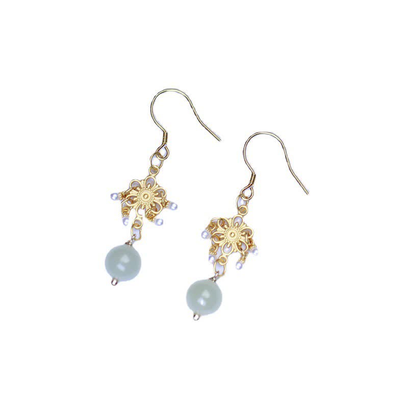 Mythstone Hetian Jade Flower Pattern 14K Gold Plated Luck Drop Dangle Earrings