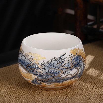 Mythstone Dragon Cicada Bamboo Deer Crane Lotus Plum Flower Ceramic Teacup Kung Fu Tea Cup Bowl 185ml