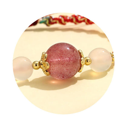 Mythstone Strawberry Quartz Pink Crystal Prehnite White Agate Bead Healing Rope Bracelet