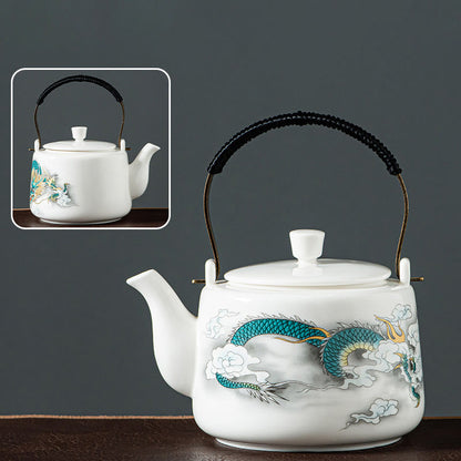 Mythstone Vintage Dragon Mountain Fisherman Landscape White Porcelain Ceramic Kung Fu Teapot