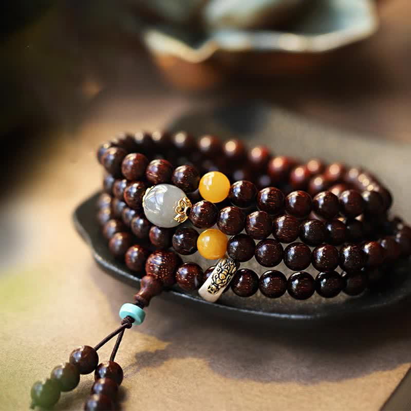 MythStone 925 Sterling Silver Indian Small Leaf Red Sandalwood Hetian Gray Jade Amber Gold Star Bracelet