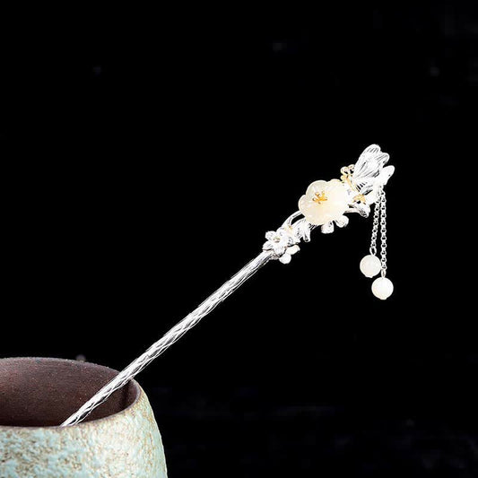 Mythstone 925 Sterling Silver Hetian White Jade Flower Blessing Hairpin