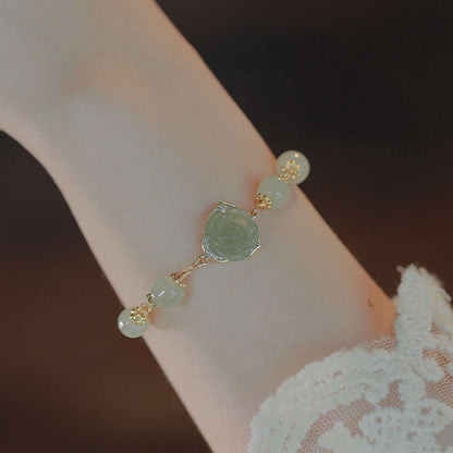 Mythstone 14K Gold Plated Hetian Jade Rose Flower Luck Chain Bracelet