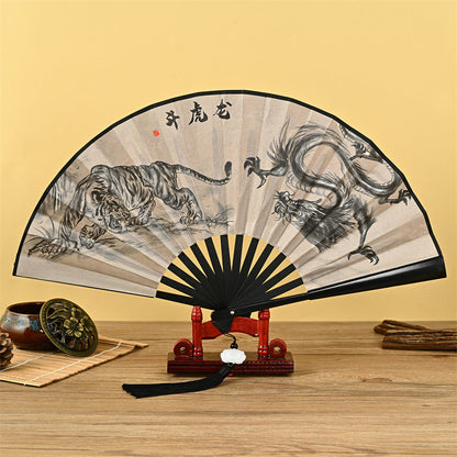 Mythstone Dragon Phoenix Tiger Crane Eagle Wolf Koi Fish Handheld Folding Fan Lotus Tassel Fan