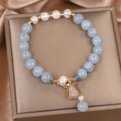 MythStone Aquamarine Pearl Fortune Money Bag Charm Bracelet