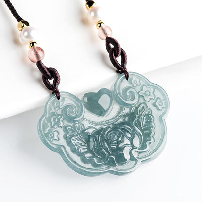 Colgante de collar con candado de buenos deseos y prosperidad con flor de peonía de jade natural Mythstone