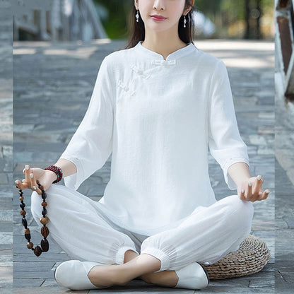 Mythstone 2Pcs Plain Design Top Pants Meditation Yoga Zen Tai Chi Cotton Linen Clothing Women's Set