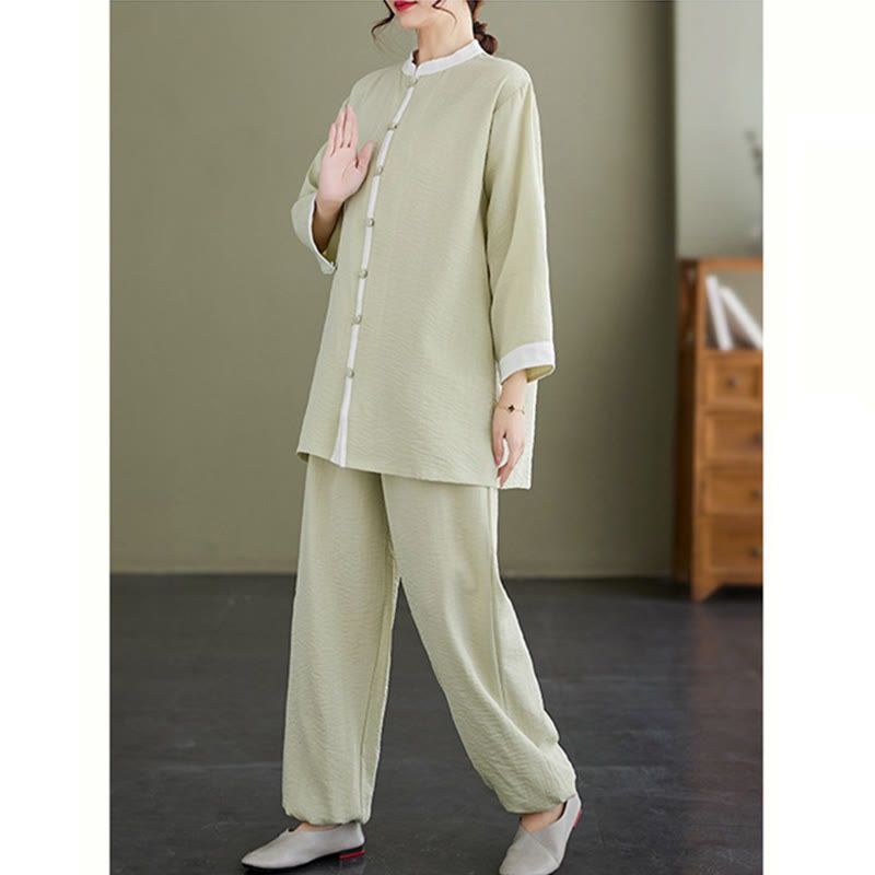 Mythstone 2Pcs Vintage Long Sleeve Shirt Top Pants Meditation Zen Tai Chi Cotton Linen Clothing Women's Set