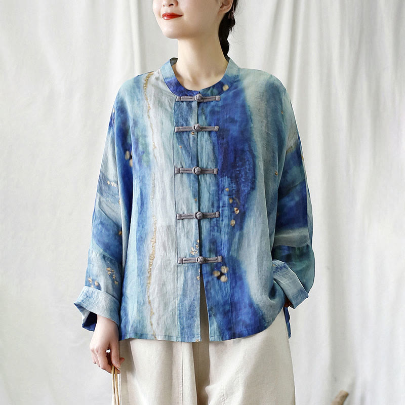 Mythstone Blue White Beige Small Flower Frog-button Design Long Sleeve Ramie Linen Jacket Shirt