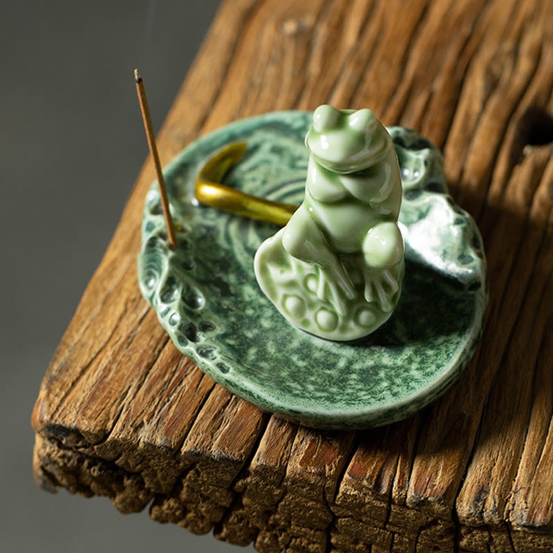 Mythstone Leaf Meditation Frog Pattern Healing Ceramic Incense Burner Decoration