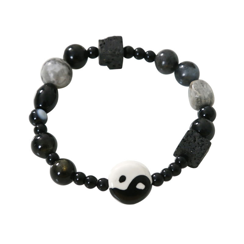 Mythstone Black Onyx Picasso Jasper Bead Yin Yang Fortune Protection Bracelet