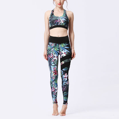 Mythstone 2Pcs Sunflower Flowers Leaves Print Top Pants Sports Fitness Yoga Women's Yoga Sets