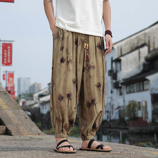 Mythstone Leaf Pattern Loose Men's Harem Pants With Pockets