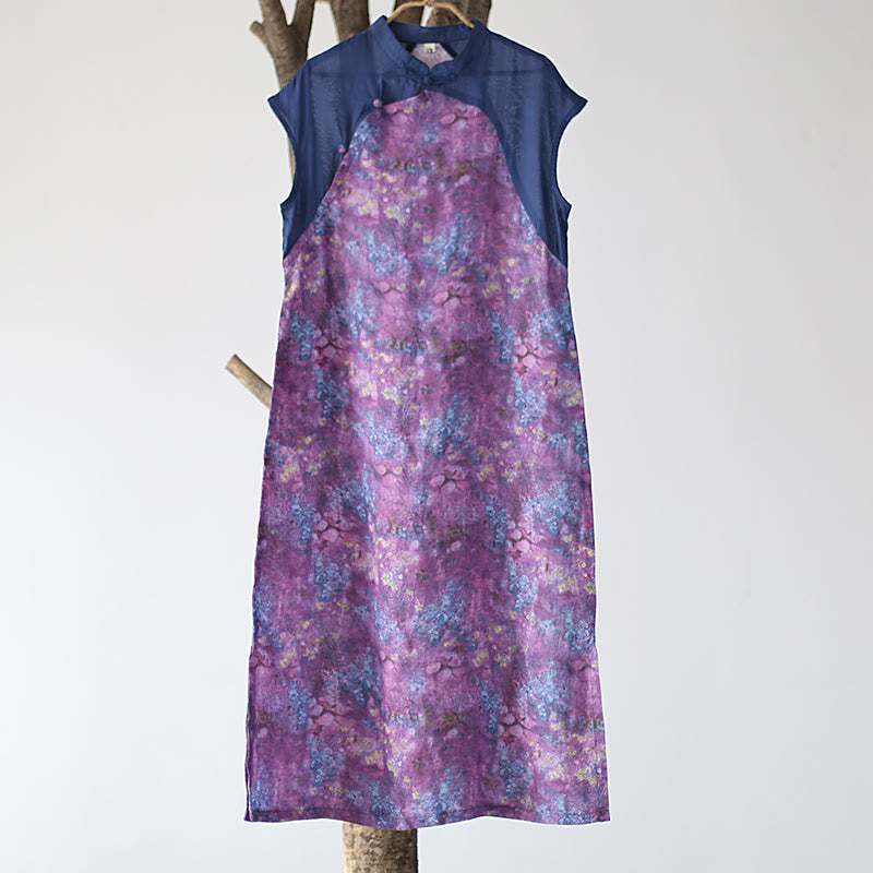 Mythstone Vintage Purple Flower Print Ramie Linen Cheongsam Midi Dress With Pockets