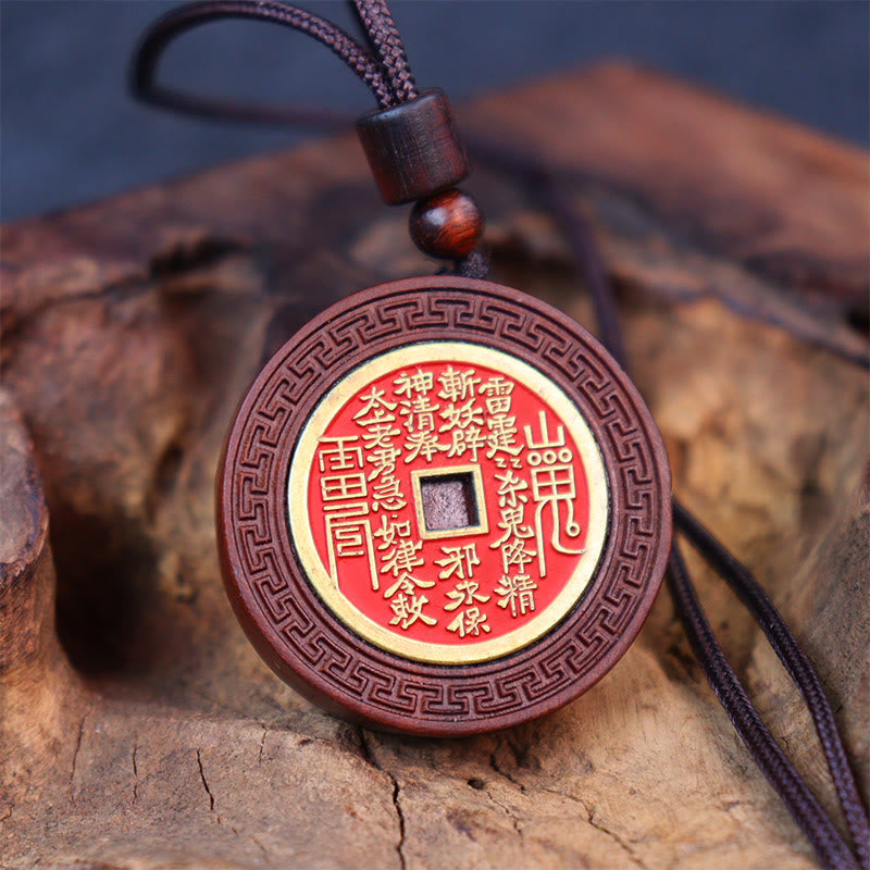 Mythstone Lightning Struck Jujube Wood Yin Yang Bagua Mountain Ghosts Spend Money Protection Necklace Pendant