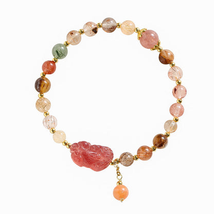 Mythstone Natural Rutilated Quartz Strawberry Quartz PiXiu Wealth Bracelet