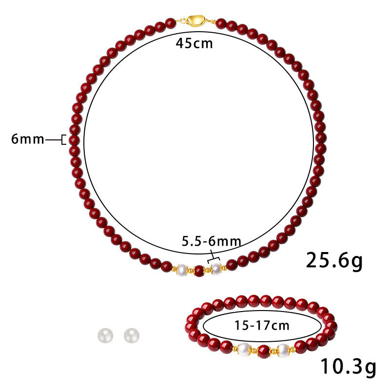 Mythstone 925 Sterling Silver Natural Cinnabar Pearl Blessing Necklace Pendant Bracelet Earrings Jewelry Set