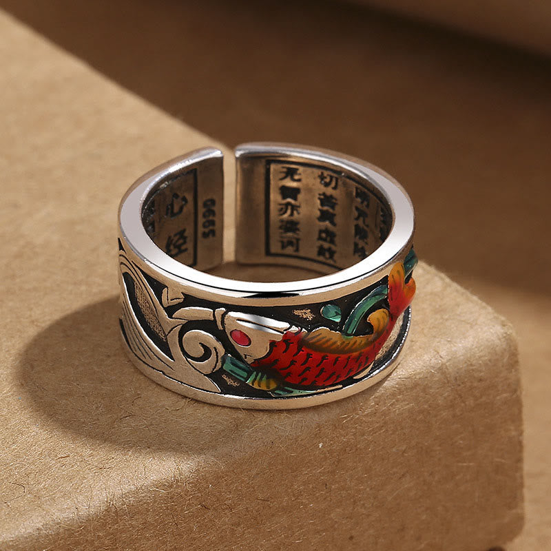 Mythstone Blue Enamel Koi Fish Heart Sutra Success Ring