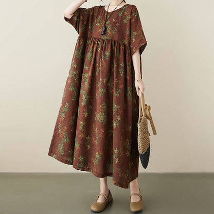 Mythstone Blue Brown Flowers Midi Dress Cotton Half Sleeve Tunic Dress With Pockets