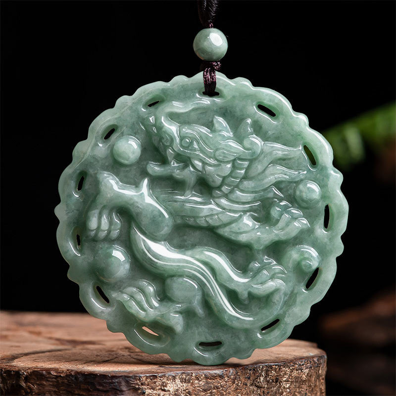 Mythstone Chinese Zodiac Dragon Phoenix Round Jade Luck Necklace String Pendant