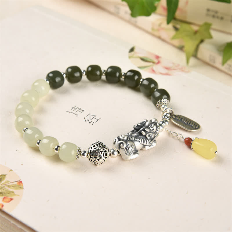 Mythstone 925 Sterling Silver Natural Hetian Jade Amber PiXiu Luck Bracelet